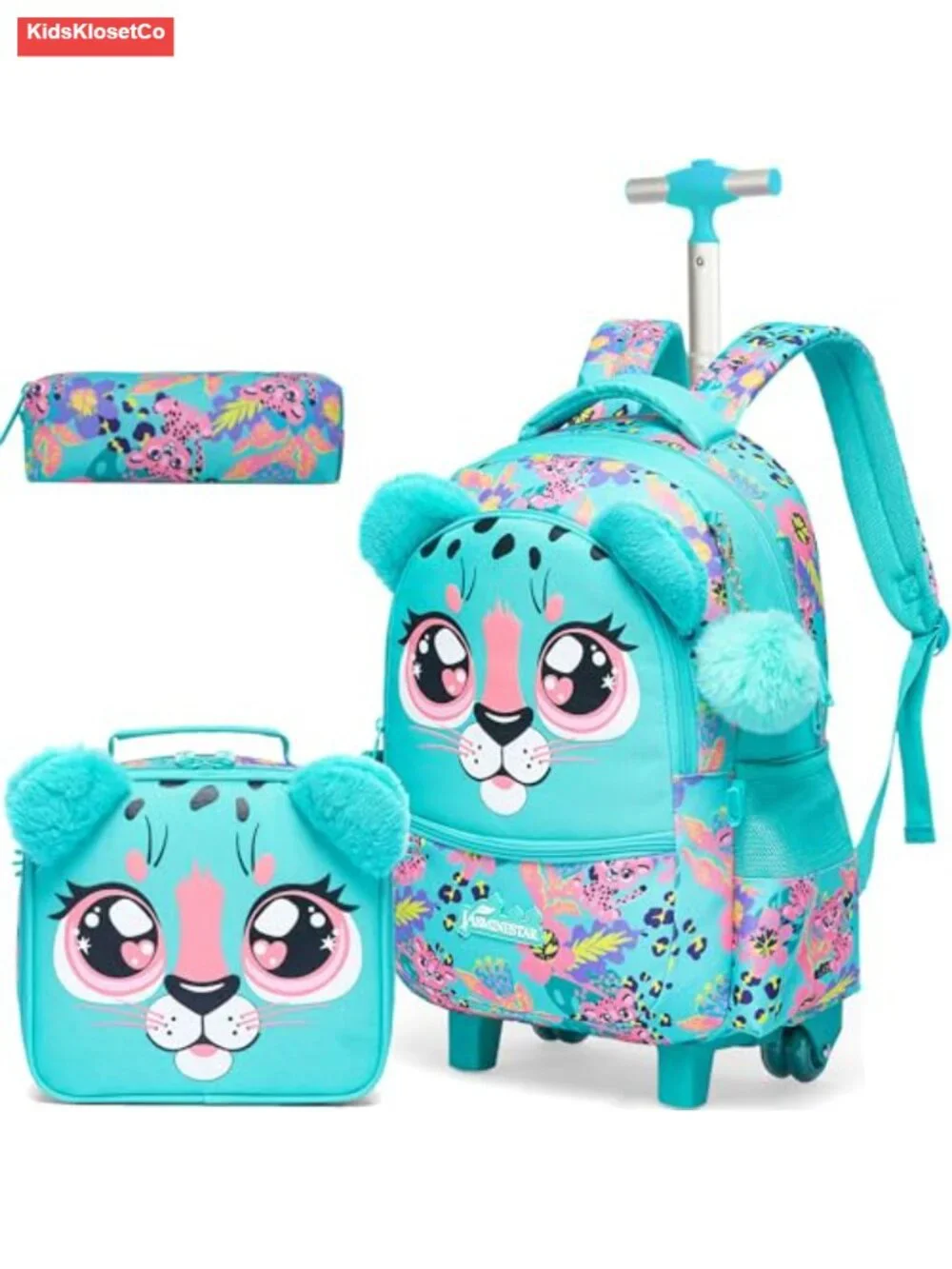 Rolling Backpack for Kids Girls 3-in-1 Wheeled Luggage with Lunch Box Pencil